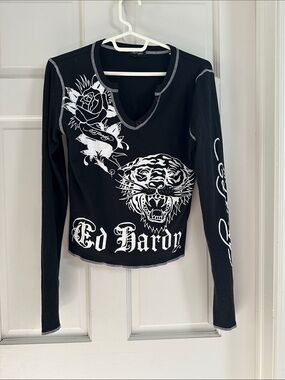 Ed Hardy Black Long Sleeve V-Neck Graphic Tiger & Rose Top